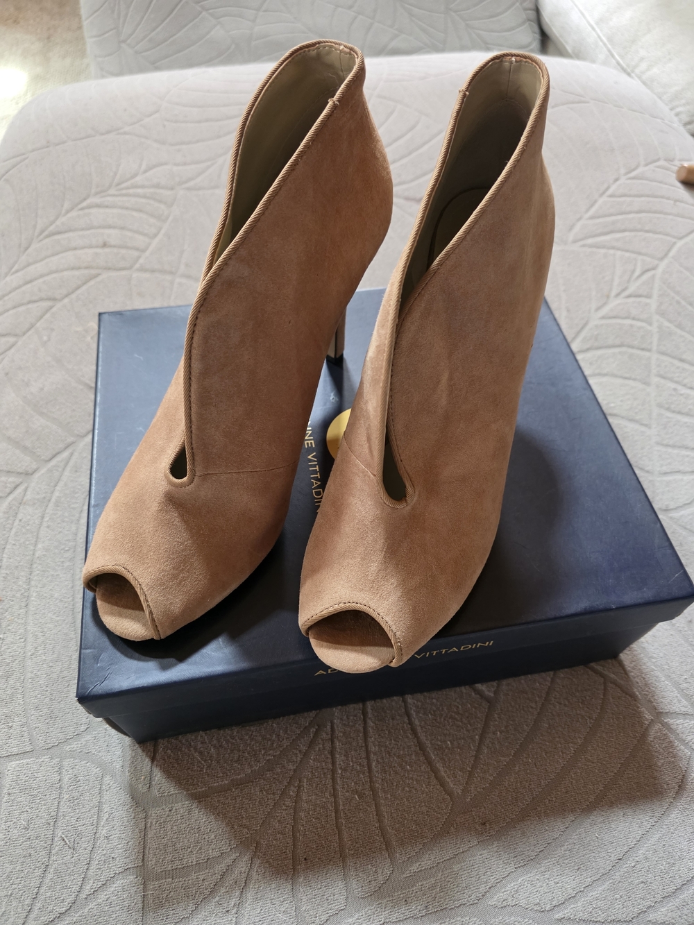 Suede Peep-Toe Ankle Booties in Tan
